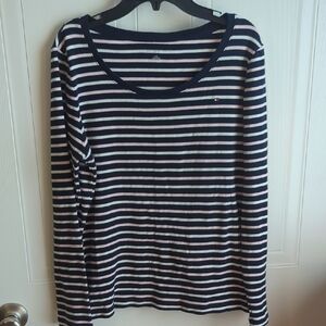 Navy, White, and Pink Striped Long Sleeve Shirt